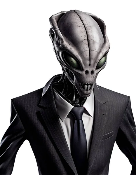 Portrait of alien in business suit isolated on grey background, 3d illustration