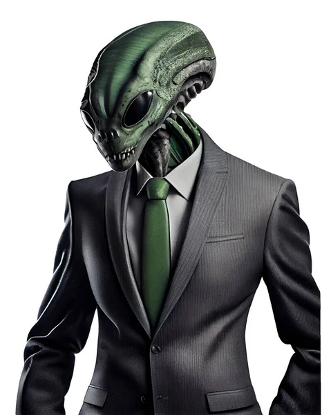 Portrait of alien in business suit isolated on grey background, 3d illustration