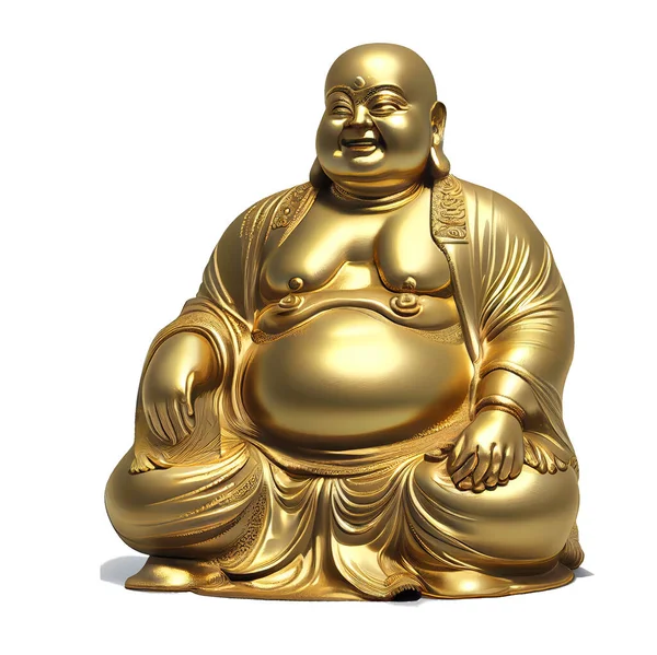 full body of gold buddha statue on white background