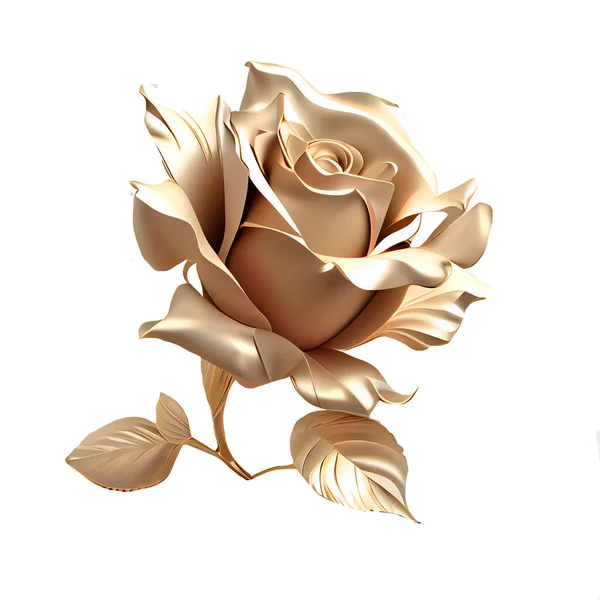 golden roses with green leaves isolated on white background, 3d illustration