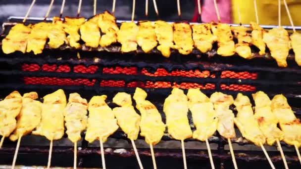 グリルで肉 タイのストリートフード料理のためのローストポーク — ストック動画