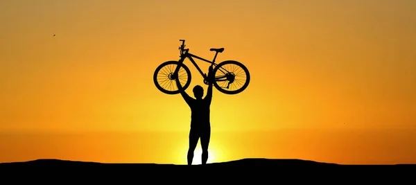 Silhouette Cyclist Exercising Meadow Evening Fitness Health Care Concept — Stock Photo, Image