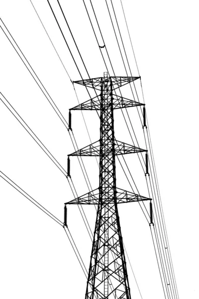 Silhouet Van Hoogspanningstransmissietorens Witte Achtergrond Met Knippad — Stockfoto