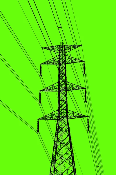 Силуэт Столбов Высокого Напряжения Электрическими Проводами Силуэт Высоковольтных Кабелей Стальная — стоковое фото