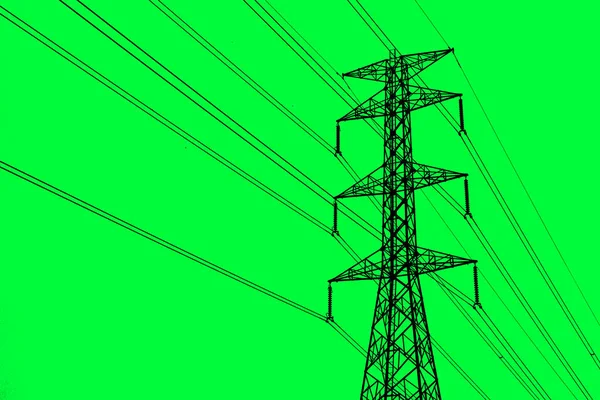 電気線と高電圧極のシルエット 高電圧電源ラインケーブルのシルエット 電柱の鋼構造 電力伝送の概念 — ストック写真