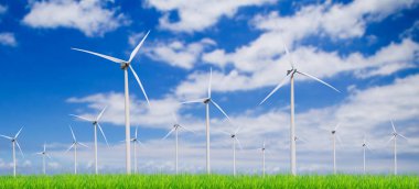 Rüzgar türbini çayırda elektrik üretir. Temiz enerji kavramı alternatif enerji.