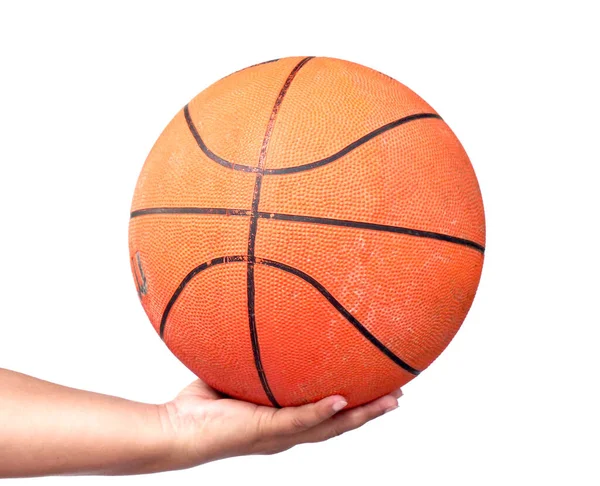 Hand Hält Basketball Ball Basketball Der Hand Mit Schneideweg — Stockfoto