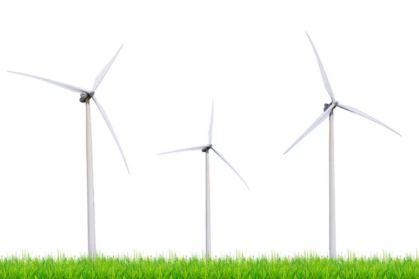Větrné Turbíny Zeleném Poli Izolované Bílém Oříznutou Dráhou — Stock fotografie