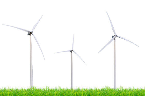 wind turbines in the green field  isolated on white with clipping path