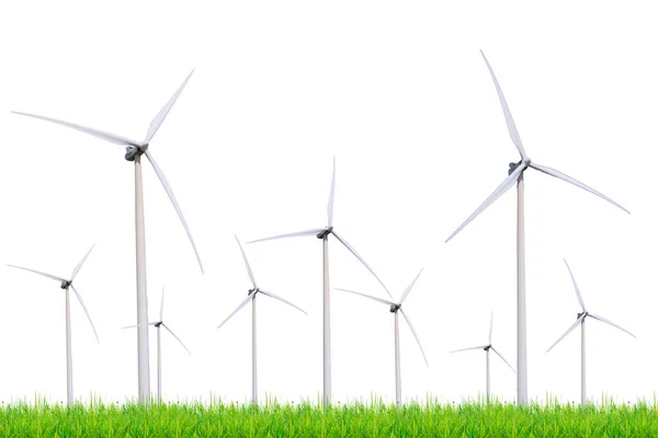 Větrné Turbíny Zeleném Poli Izolované Bílém Oříznutou Dráhou — Stock fotografie