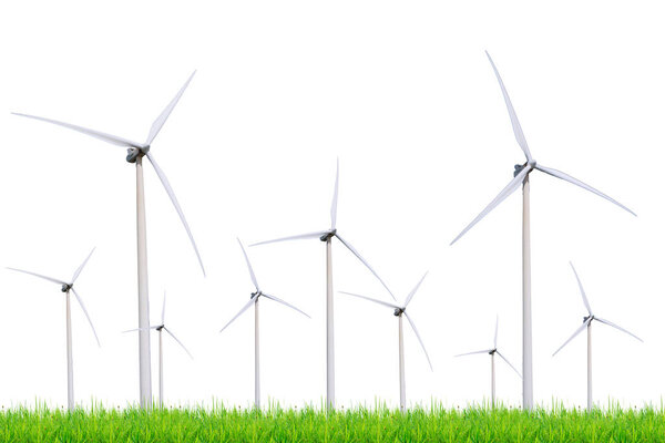 wind turbines in the green field  isolated on white with clipping path