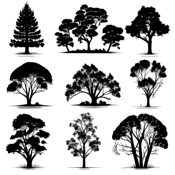 Черный Силуэт Деревьев Белом Фоне — стоковое фото