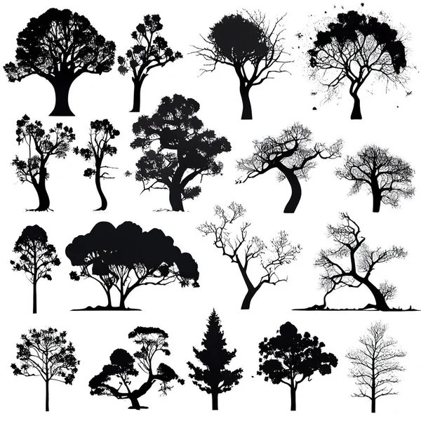 Silhueta Preta Árvores Sobre Fundo Branco — Fotografia de Stock