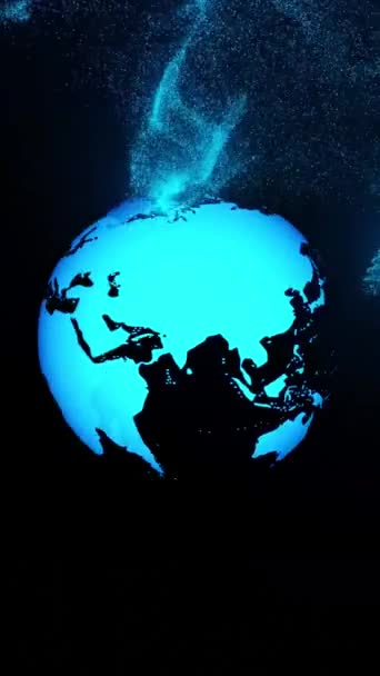 黒を背景に回転する世界のグラフィック プロジェクトの紹介のためです 地球の表面をスキャンします デジタルワールドマップ ニュース スタジオ背景 — ストック動画
