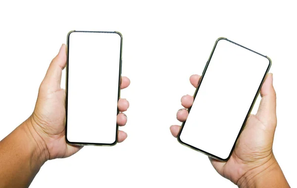 Mãos Segurando Uma Tela Branco Telefones Imagem De Stock