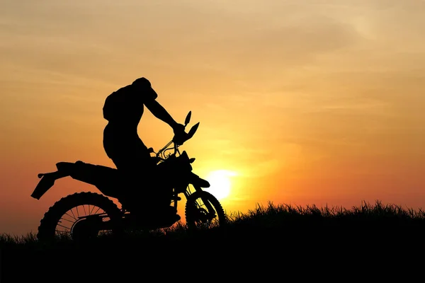 Man Motocross Bike Sunset Field — Stock Photo, Image