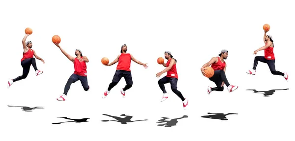 Коллаж Профессионального Баскетболиста Прыгающего Играющего Мяч Студии — стоковое фото