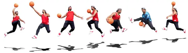 Collage Profesjonalnego Koszykarza Skoki Gry Piłkę Studio — Zdjęcie stockowe