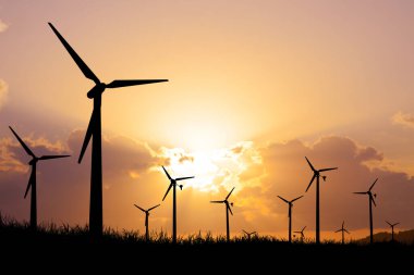 Rüzgar jeneratörünün silueti, alternatif enerji konsepti, temiz enerji, rüzgar enerjisi