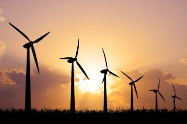 Rüzgar jeneratörünün silueti, alternatif enerji konsepti, temiz enerji, rüzgar enerjisi