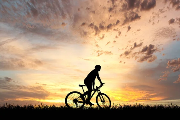 Silhouette Von Radfahrern Die Abends Auf Der Wiese Trainieren Fitness — Stockfoto