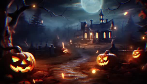 Calabaza Halloween Con Gato Linterna Bosque Oscuro Noche Con Casa — Vídeos de Stock