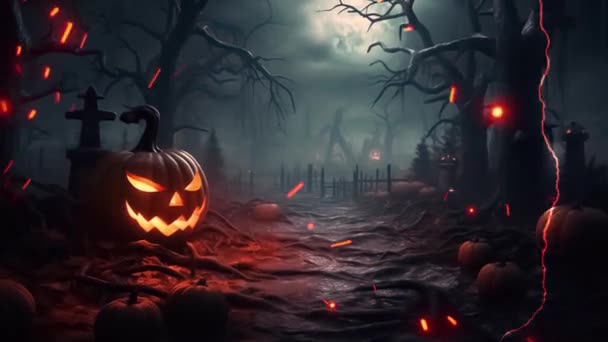 Halloween Pumpa Med Jack Lykta Mörk Nattskog — Stockvideo