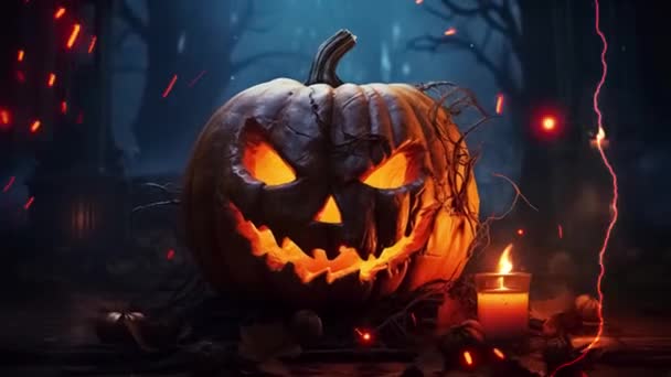 Calabaza Halloween Con Gato Linterna Bosque Oscuro Noche — Vídeos de Stock