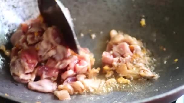 Ανακατέψτε Τηγανητό Χοιρινό Διάφορα Καρυκεύματα Ένα Wok Street Food Στην — Αρχείο Βίντεο