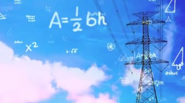 High voltage transmission towers with complex steel structures.