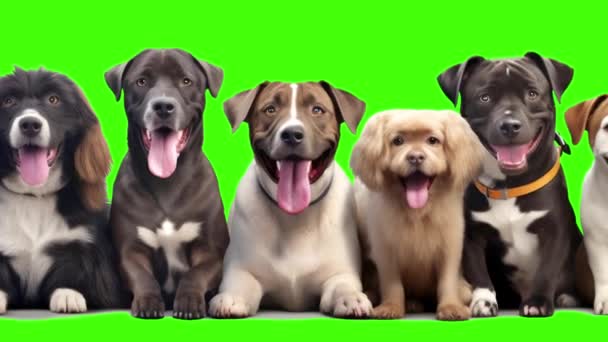 Διαφορετικές Φυλές Σκύλων Ένα Πράσινο Φόντο Χαριτωμένα Σκυλιά Ένα Πράσινο — Αρχείο Βίντεο