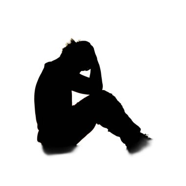 Beyaz arka planda yalnız ve umutsuz bir adamın silueti..