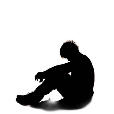 Beyaz arka planda yalnız ve umutsuz bir adamın silueti..