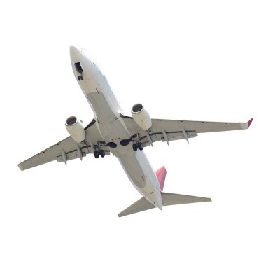 Beyaz arka planda uçan bir uçak.