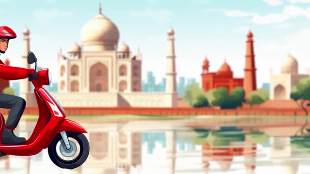 Анімація Водія Доставки Кермом Скутера Тлі Індійської Міської Архітектури — стокове відео