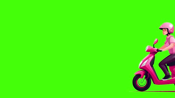 緑色のスクリーンの背景にスクーターを運転する配達ドライバーのアニメーション — ストック動画