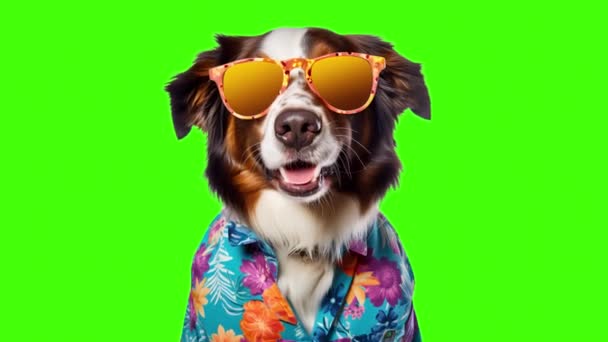 緑のスクリーンの背景で夏の服を着たおかしい犬 — ストック動画