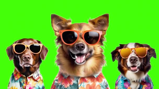 Смешные Собаки Одетые Лето Зеленом Фоне Экрана — стоковое видео