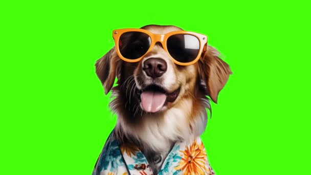 Vtipný Pes Oblečený Pro Léto Zeleném Pozadí Obrazovky — Stock video