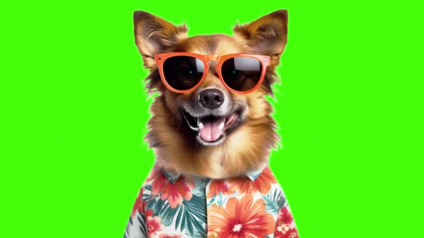 有趣的狗穿着绿色背景的夏装 — 图库视频影像