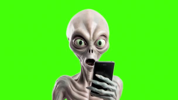 Alien Smartfonem Zielonym Tle Ekranu — Wideo stockowe