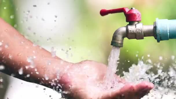 Čistá Voda Proudící Mužských Rukou Kapky Vody Vodní Zdroje Země — Stock video