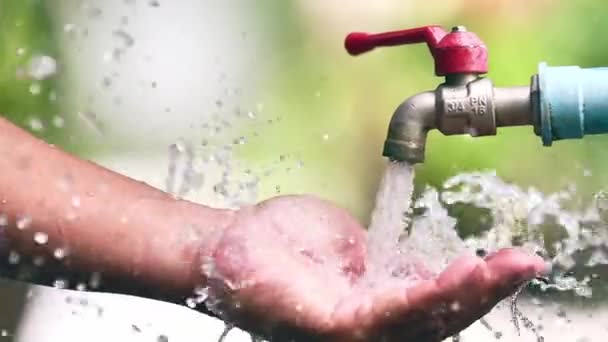 Reines Wasser Ergießt Sich Männliche Hand Wassertropfen Wasserressourcen Erde Umwelt — Stockvideo
