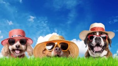Yaz gezisi için şapkalı ve güneş gözlüklü üç köpek çayır ve parlak gökyüzünde, yaz yolculuğu konsepti.