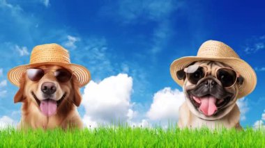 Yaz gezisi için şapkalı ve güneş gözlüklü iki köpek çayır ve parlak gökyüzünde, yaz yolculuğu konsepti.