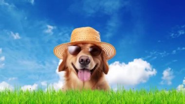 Yaz gezisi için şapkalı ve güneş gözlüklü köpek çayır ve parlak gökyüzünde, yaz yolculuğu konsepti.