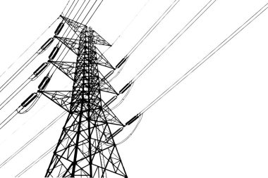 Beyaz arkaplanda yüksek voltajlı elektrik direğinin silüeti