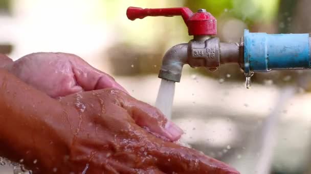 Man Washing Hands Water Faucet — Stock Video