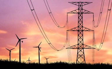 Günbatımında siluetli rüzgar türbinleri ve elektrik hatları yenilenebilir enerji ve elektrik aktarımını sembolize ediyor.