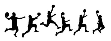 Çeşitli hareketlerdeki basketbol oyuncularının siluetleri, dinamik hareket ve atletizm gösterileri.